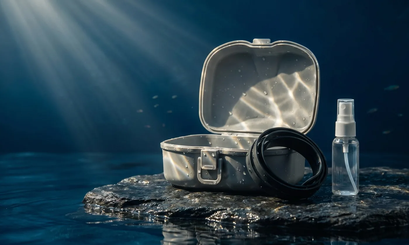 Boîte de protection, sangle et spray antibuée posés sur une roche au bord de l’eau